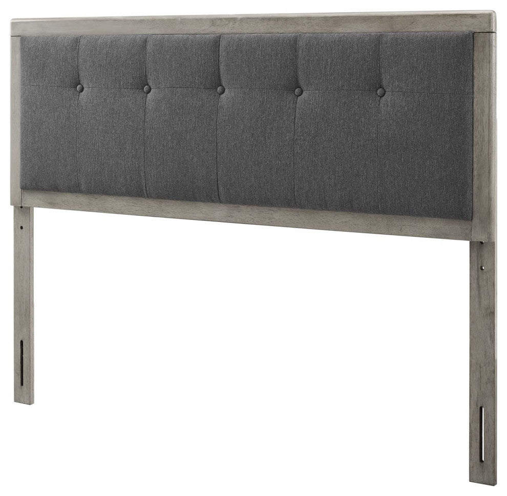 Tufted Headboard, Full Size, Wood, Fabric, Gray, Modern Mid-Century