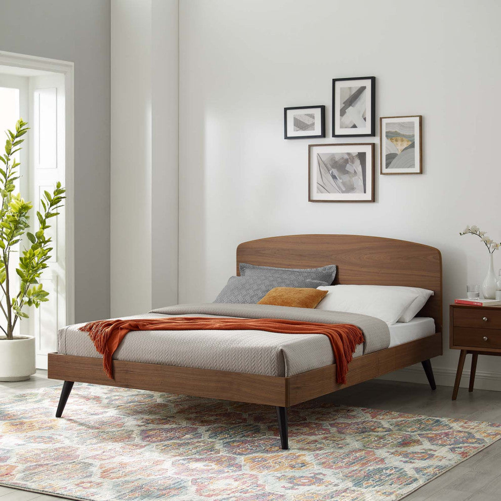 Platform Bed Frame, King Size, Wood, Brown Walnut, Modern Mid-Century, Bedroom