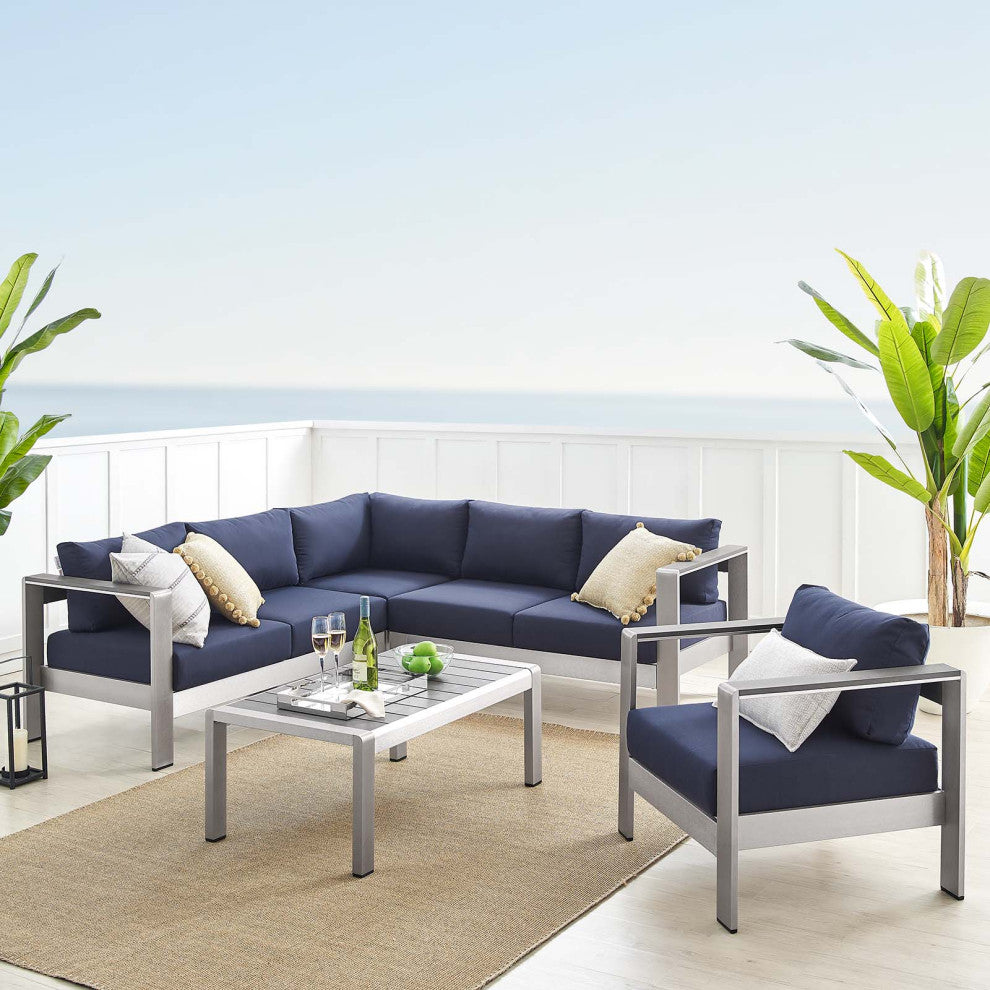 Sectional Sofa Chair Table Set, Sunbrella, Aluminum, Silver Blue Navy, Outdoor