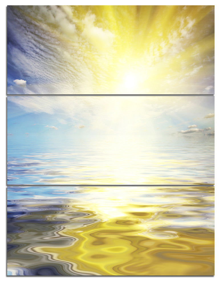 Wavy View of Sea in Yellow Blue, Seashore Triptych Canvas Print, 28x36, 3 Panels
