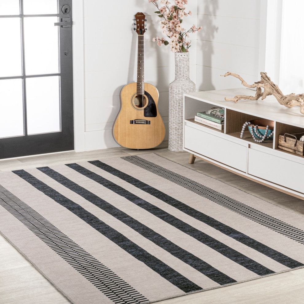 Vichy Geometric Striped Machine-Washable Area Rug, Cream/Black, 4x6