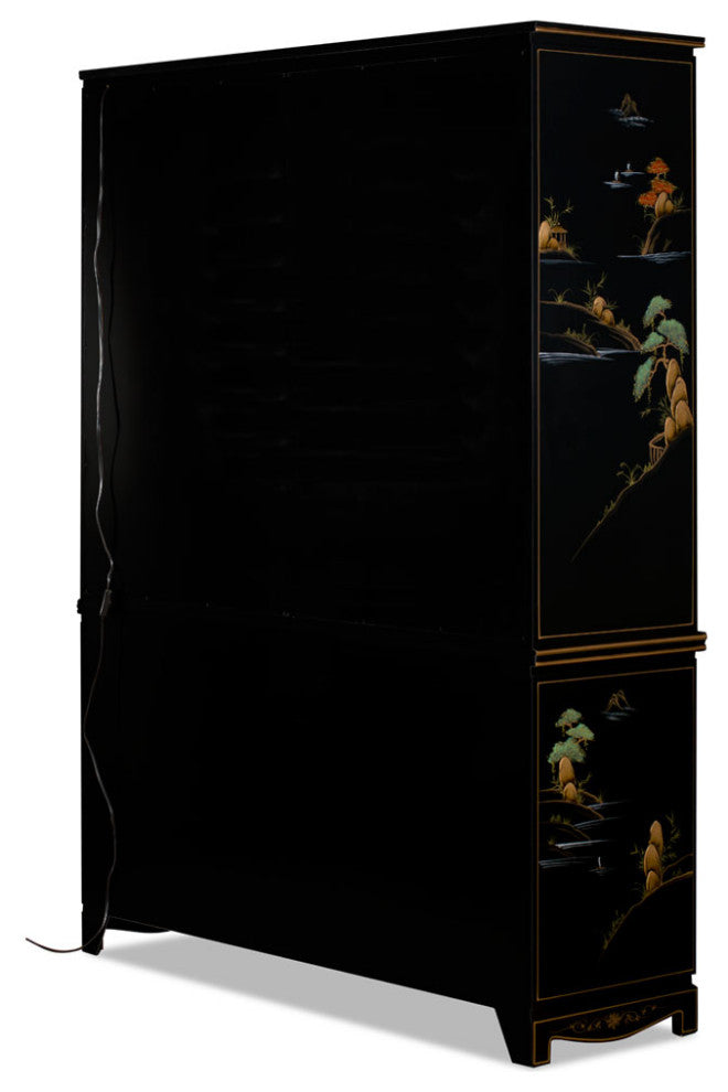 60in Black Lacquer Chinoiserie Oriental China Cabinet