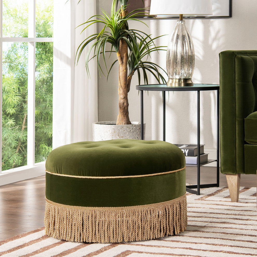 Yolanda 24" Upholstered Round Accent Ottoman, Olive Green Performance Velvet