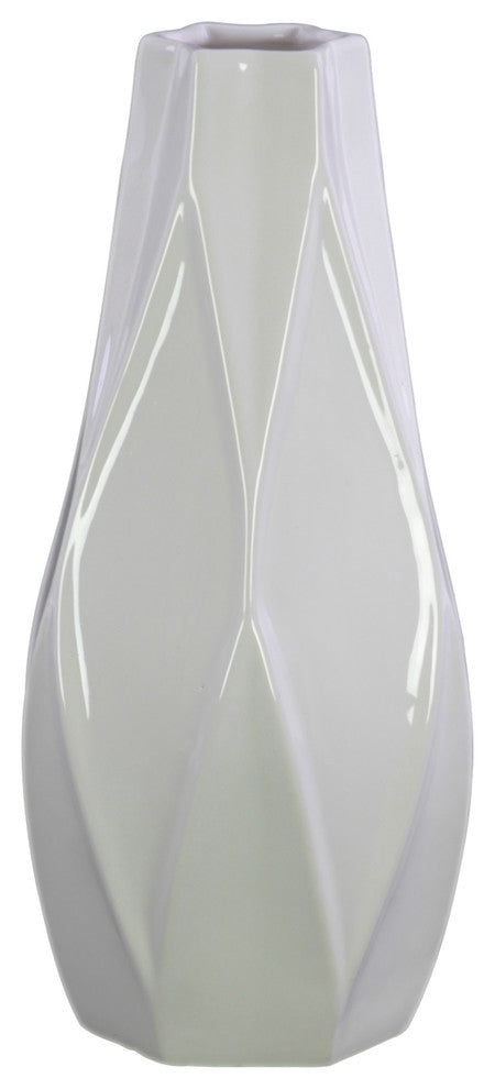 Bellied Round Vase, Star Lips, Geometric Design Body and Tapered Bottom, White