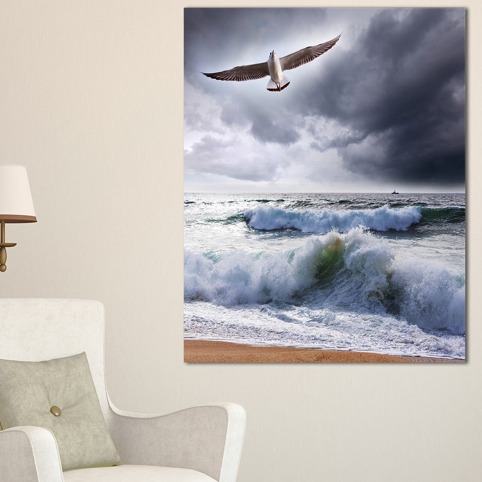 "Large Seagull Over Stormy Waves" Modern Beach Canvas Art Print, 16"x32"
