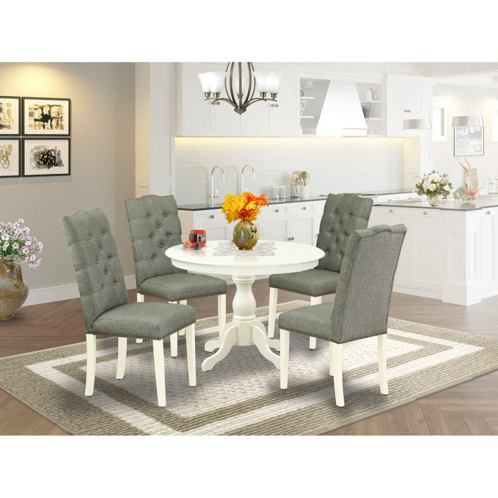 5 Pc Dinette Set, Linen White Table, 4 Chairs Button Tufted Back, Linen White