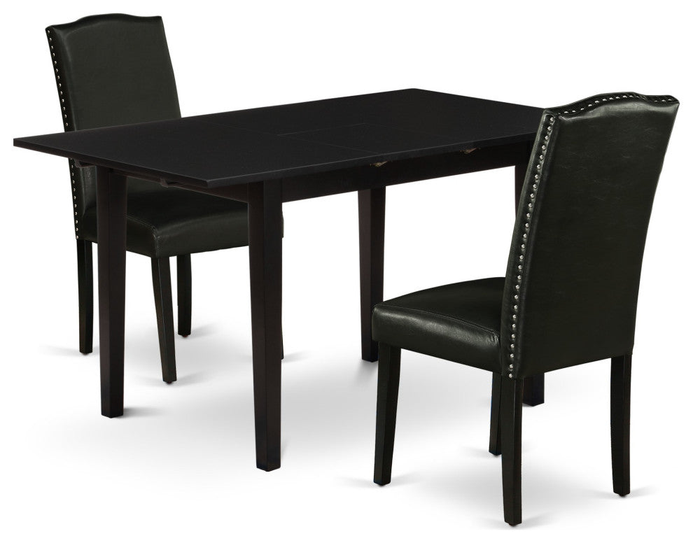 3Pc Dining Set, Nail Head Upholstered Chairs, Butterfly Leaf Table, Black