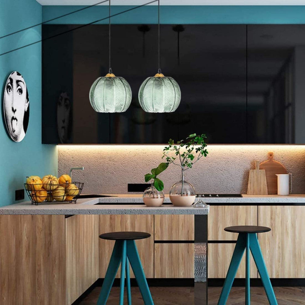 Plug In Glass Pendant Light Fixture, Modern Globe, Green