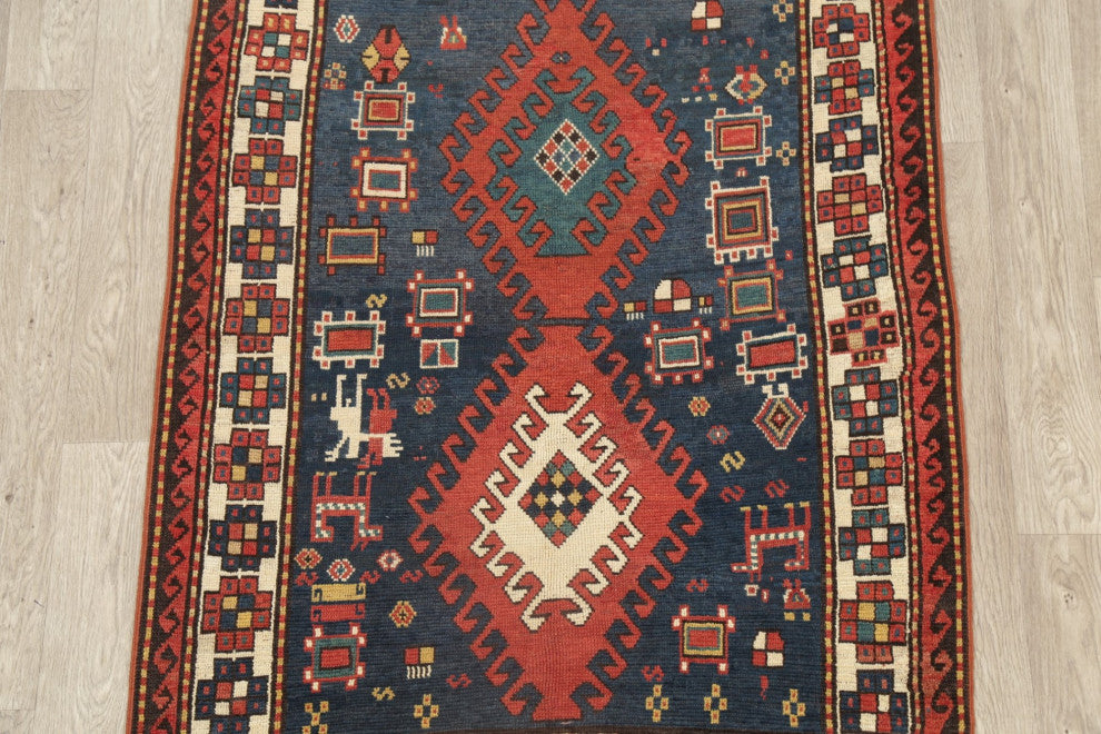 Consigned, Antique Oriental Russian Traditional Hand-Knotted Area Rug, Blue, 4x6