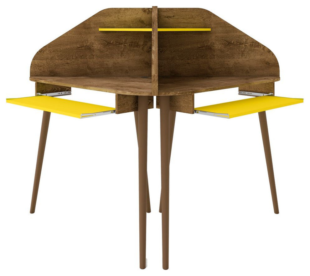 Bradley 4-Piece Round Sectional Cubicle Desk Set, Rustic Brown and Yellow