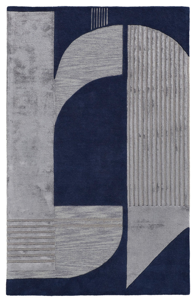 Weave & Wander Cutlor Graphic Wool Rug, Navy Blue/Silver Gray, 3ft-6in x 5ft-6in
