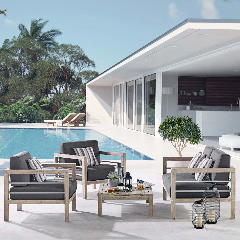 Lounge Sectional Sofa Chair Set, Wood, Gray, Modern, Outdoor Patio Cafe