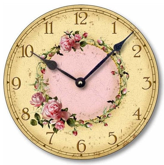 Shabby Chic Pink Roses Clock, 12 Inch Diameter
