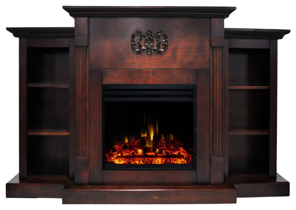 Electric Fireplace With 72" Mahogany Mantel, Bookshelves, Deep Log Display