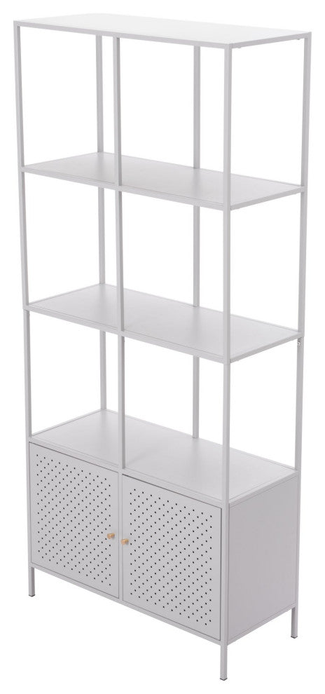 Bookcase Wall Shelf Rack, Steel Metal, Gray, Gold, Lounge Cafe Hospitality