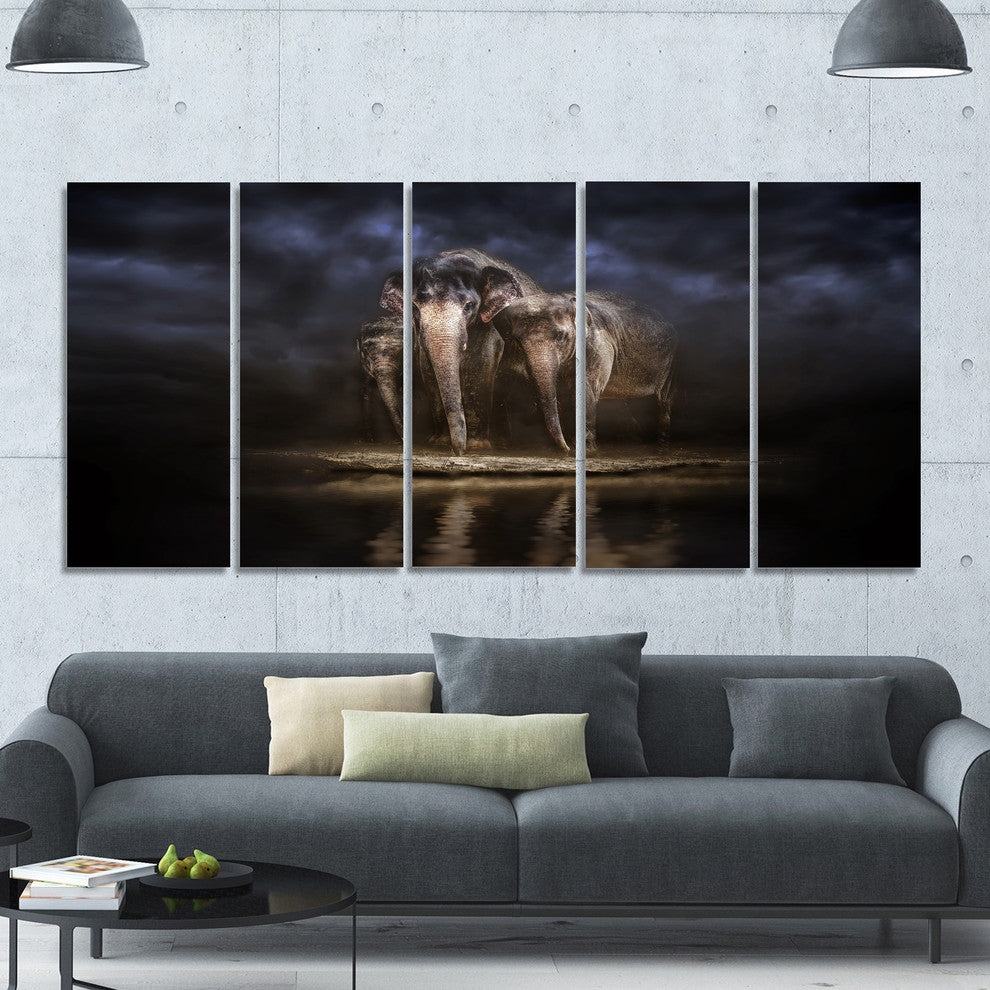 Elephants Watering in the River, Animal Canvas Wall Art, 60"x28", 5 Panels