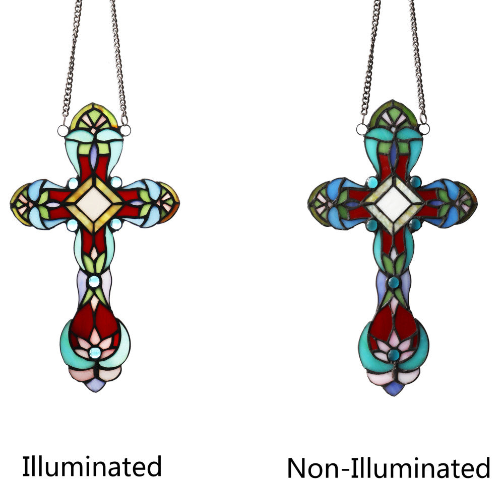 Cross Victorian Tiffany-Style Stained Glass Panel 13" Tall