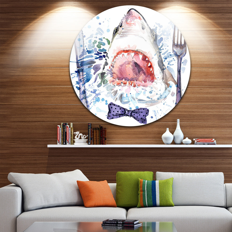 Hungry Shark Illustration, Animal Disc Metal Artwork, 38"