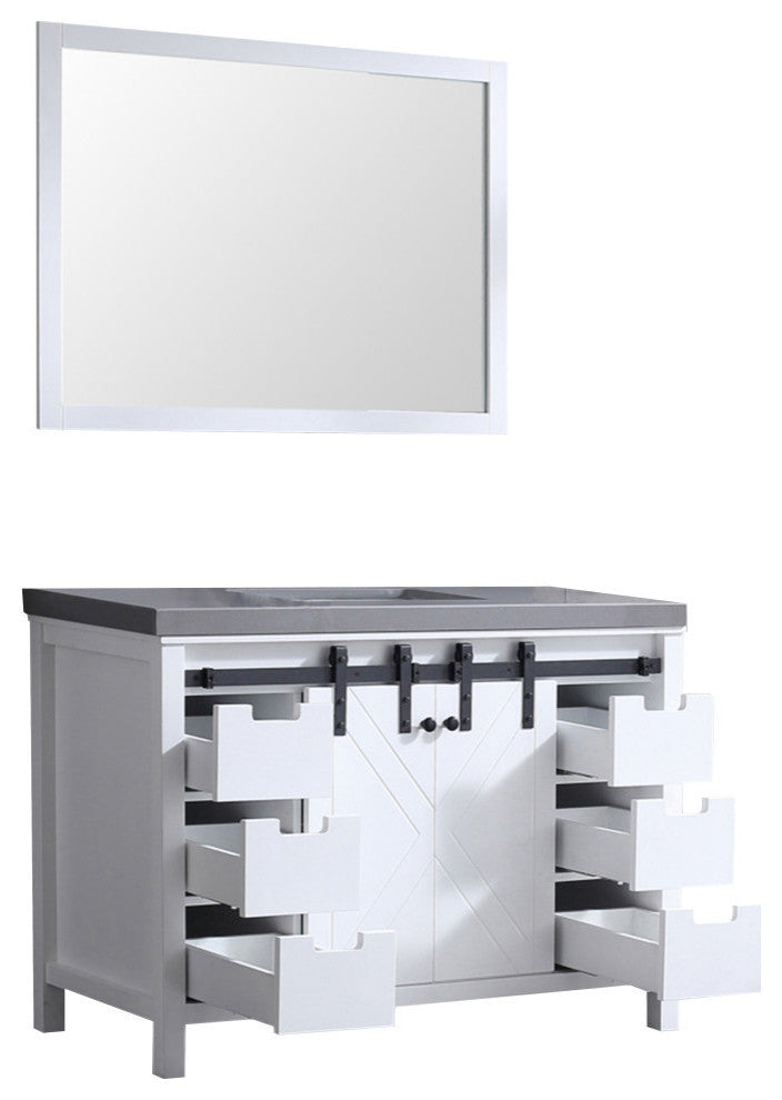 Marsyas 48" White Single Vanity, Gray Quartz Top, White Sink and 44" Mirror