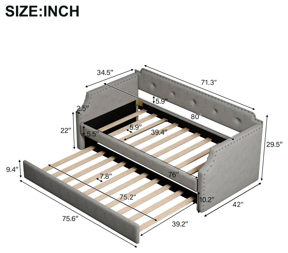 Elegant Linen Upholstered Daybed with Trundle, Gray