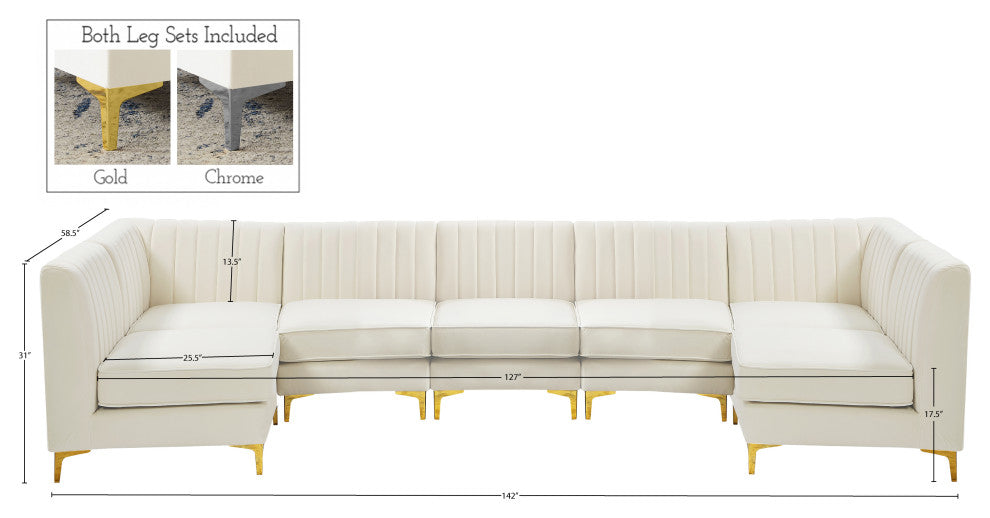 Alina Velvet Modular U-Shaped Sectional, Cream, 7-Piece: 5 Armless Chair, 2 Corner Chair