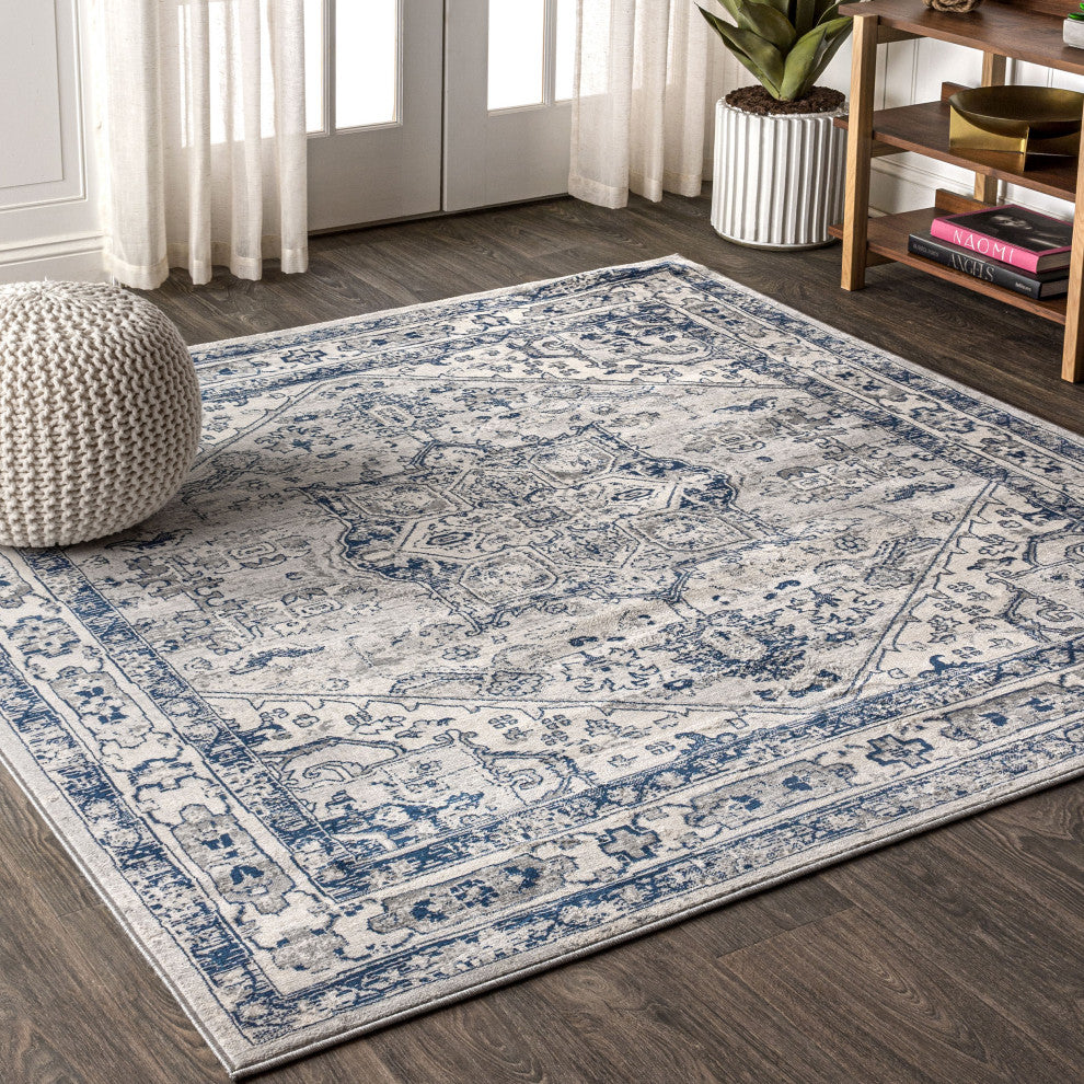 Modern Persian Vintage Medallion Area Rug, Grey, 9' Square