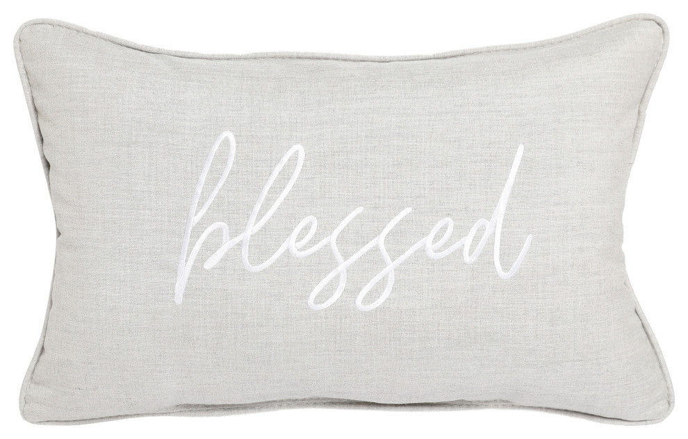 Sunbrella Embroidered Pillow 13"Hx20"Wx6"D, Cast Silver, Blessed, White