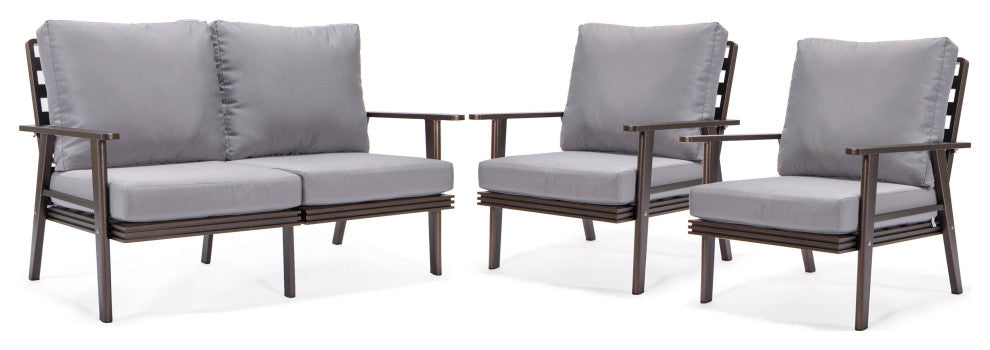 LeisureMod Walbrooke 3-Piece Patio Set With Brown Aluminum Frame and Cushions, Grey