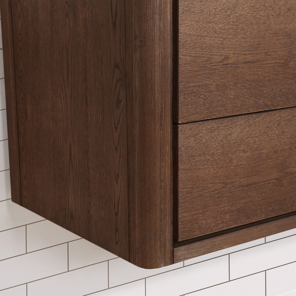 Cristo Floating Bath Vanity With Stone Top, Aged Dark Brown Oak, 72in., With Mirror