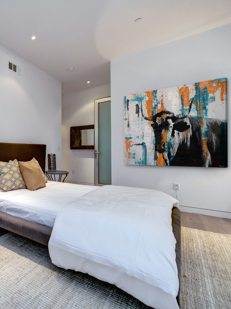 "Orange Teal Steer" Painting Print on Wrapped Canvas, 24"x16"