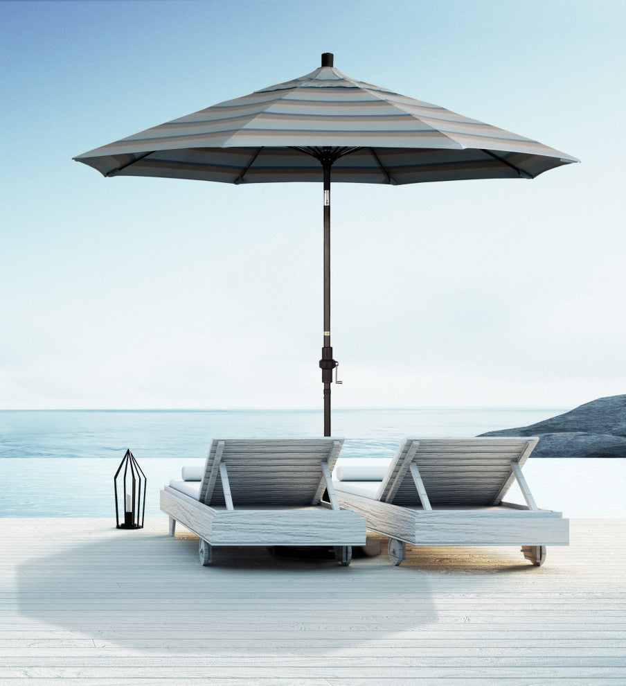 9' Bronze Collar Tilt Lift Fiberglass Rib Aluminum Umbrella, Sunbrella, Navy