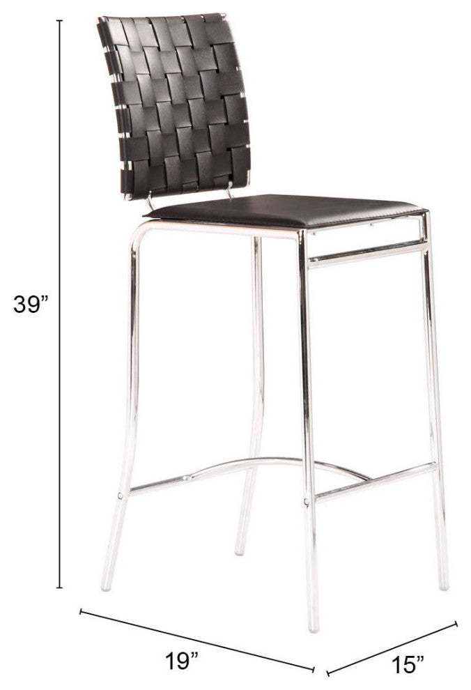 Counter Stool Chair, Set of 2, Faux Vinyl Leather, Steel, Black, Chrome, Cafe