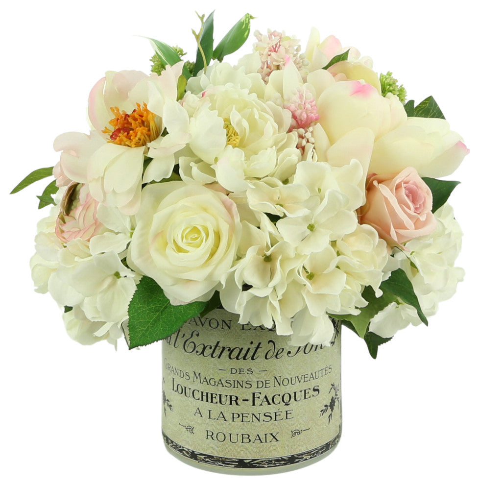 Rose and Hydrangea Arrangement in Label Vase