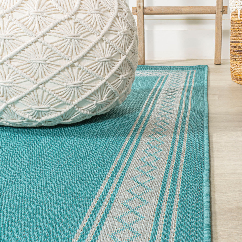Lucia Classic Diamond Border Indoor/Outdoor Area Rug, Aqua/Light Gray, 8x10