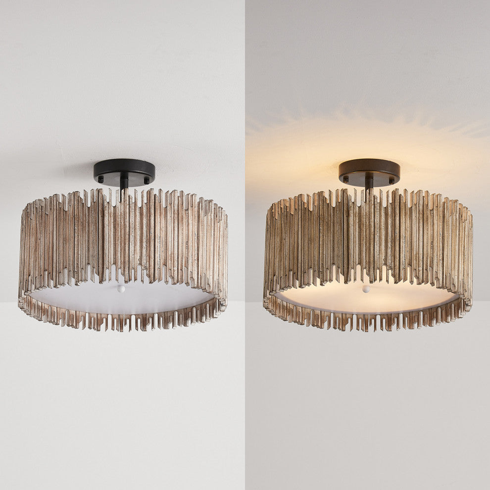 Farmhouse Wooden Cage Semi-Flush Mount Lighting With 3-Light