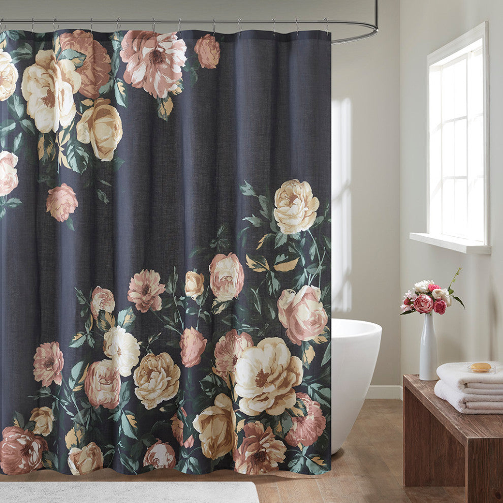 Madison Park Charisma Floral Cotton Boucle Slub Shower Curtain, Navy Blue