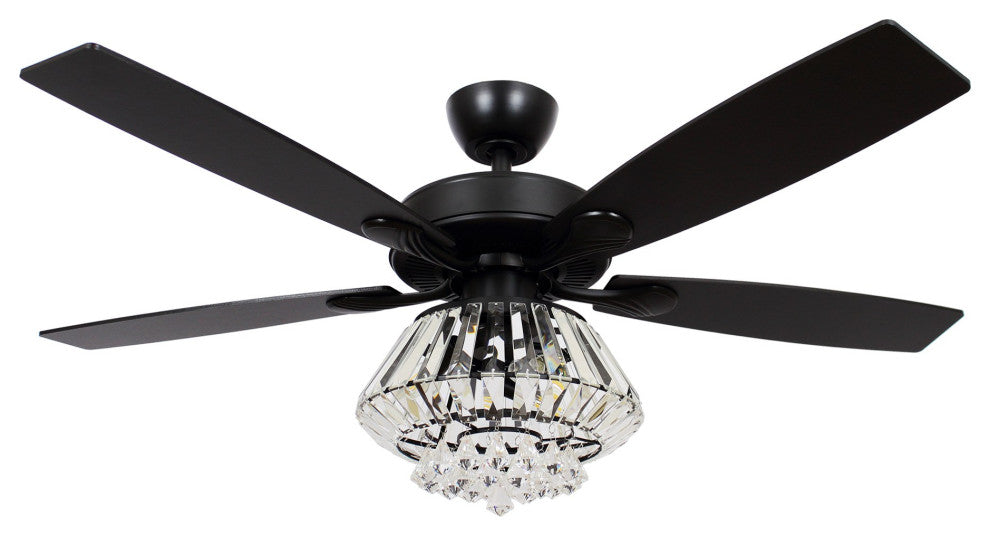Modern Crystal Ceiling Fan With Lights and Remote Control, 5 Blades, Matte Black