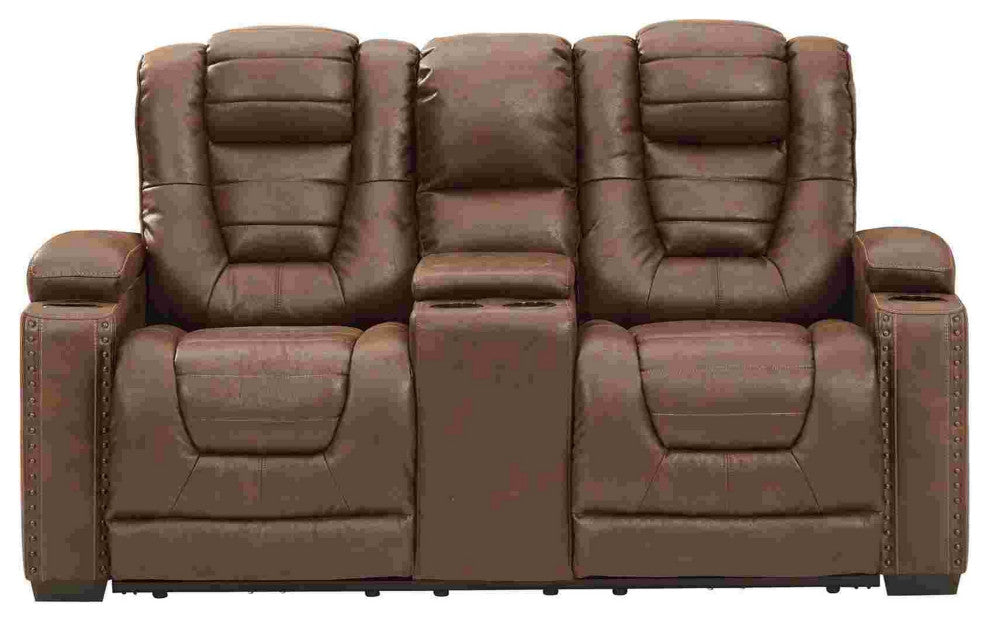 Benzara BM262327 Power Recliner Loveseat With Adjustable Storage Headrest, Brown