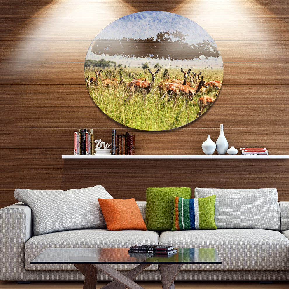 Beautiful Antelope In Grass, African Landscape Disc Metal Artwork, 23"