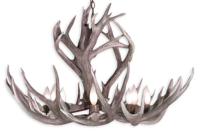 Rocky Mountain Mule Deer Chandelier, Sunbleached Antler, Parchment Shades