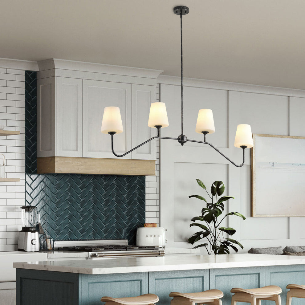 Modern 4-Light Milk White Glass Shade Chandelier for Kitchen Island, Black