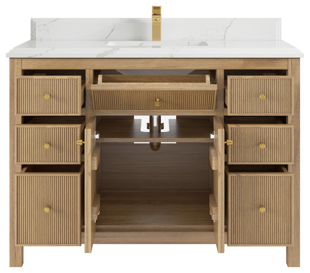 Sonoma 48 Single Sink Bath Vanity in Light Natural Teak with 1.5" Calacatta Laza