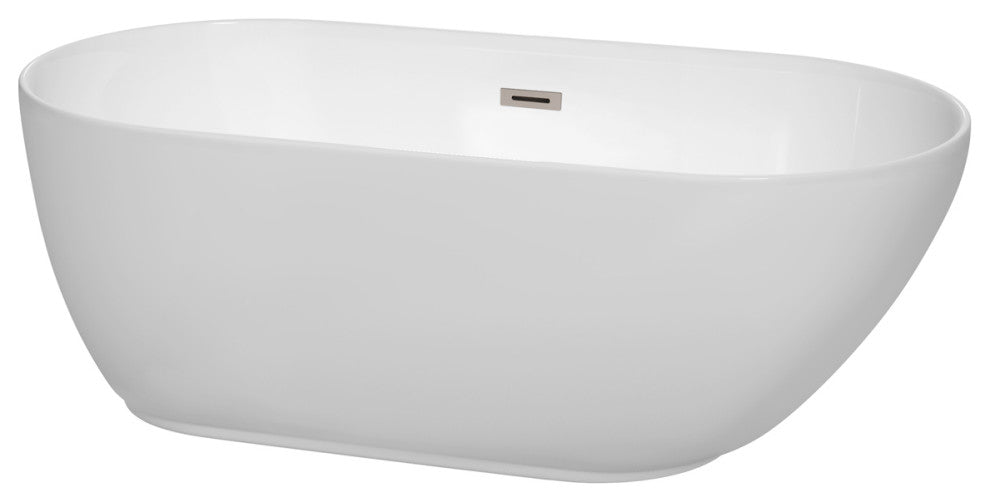 Melissa 60" Freestanding White Bathtub, Brushed Nickel Drain and Overflow Trim