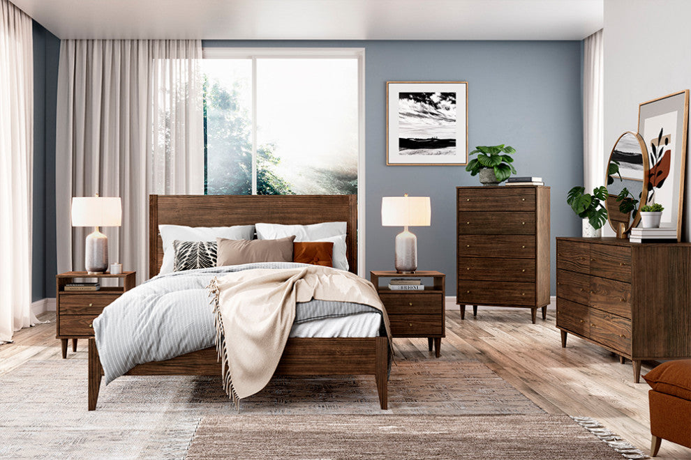 Grain Wood Furniture Mid Century Solid Wood Platform Bed, Brushed Walnut, Queen