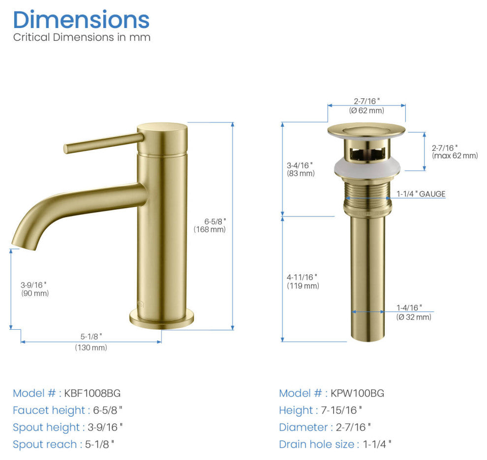 Circular Brass Single Handle Bathroom Faucet KBF1008, Brush Gold, With Drain