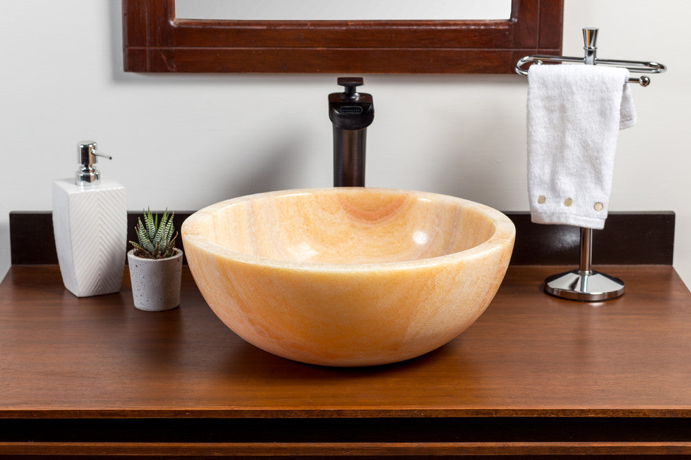 Natural Stone Vessel Bathroom Sink, Isidro Honey Onyx