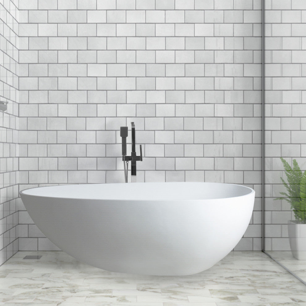 Vanity Art Solid Surface Resin Stone Freestanding Bathtub, Matte White, 59"x30"