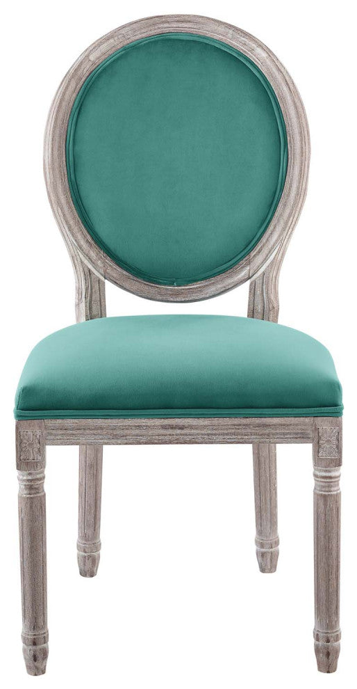 French Vintage Side Dining Chair, Velvet, Wood, Brown Natural Blue, Modern