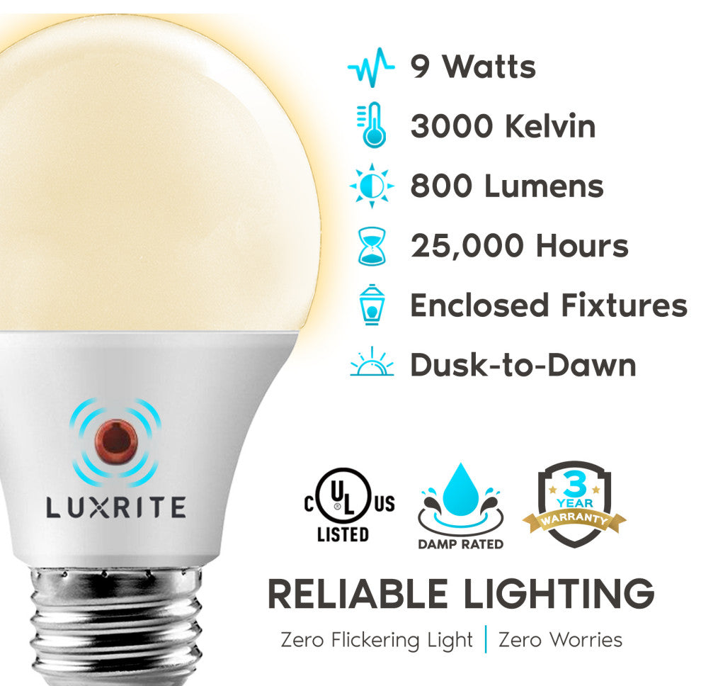 Luxrite A19 LED Dusk to Dawn Light Bulbs Damp Rated E26 Base, 3000k -  Soft Whit