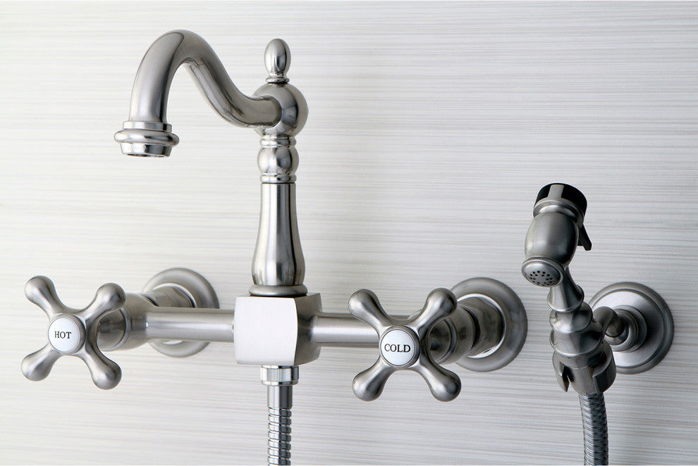 Heritage Wall Mount Bridge Kitchen Faucet, Brass Sprayer, Brushed Nickel